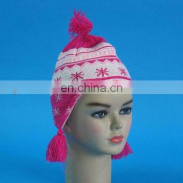 Ladies knitted earflap hat with snowflake pattern ,knitted hat with pom poms