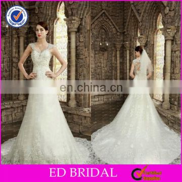 Luxurious A-line Cap Sleeve Long Train Crystal Beads Lace Wedding Dress