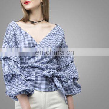 2017 Fashion Design Puff Sleeve Wrapped Top Deeper V Neck Ruched Sleeve Wrap Blouses In Blue photo-2