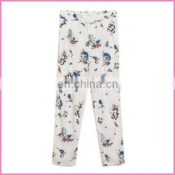 leisure elegant hight-waisted printed flower chiffon fabric pants leg with zipper