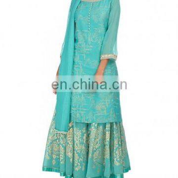 Turquoise Lengha Set with Golden Floral Prints