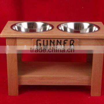 Custom Logo Red Stain Color Solid Wooden Pet Feeder,double Bowl Wooden Pet Feeder