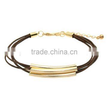 dark brown leather rope wrap bracelet with brass tube ring for women