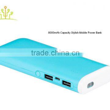 Stylish 8000mah Dual Usb LED Flashlight Charger Power Bank for Apple and Android device