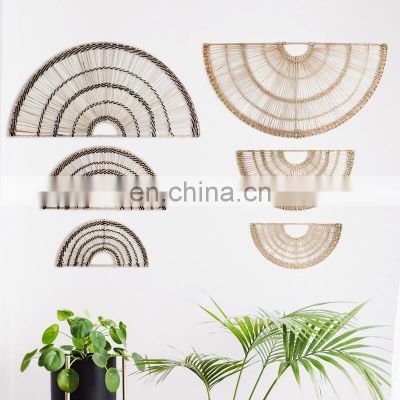 Hot Sale Art Decoration Seagrass Woven Fan Wall Decor with Metal Frame Set of 3 Cheap Wholesale