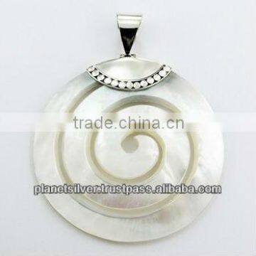 Hand Carved Spiral Mother Of Pearl Pendant Ornate Silver