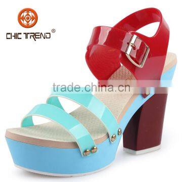 2015 new products fashion shoes from china cheap pvc lady melissa sandal with strap and buckle rough high heels for women