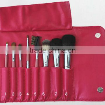 hot pink animal hair wooden 8pcs makeup brush set for travel