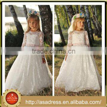 LBFG08 Generous Lace Appliqued Crepe A Line Wedding Party Flower Girl Dress with Long Sleeve Long Girls Christmas Dresses