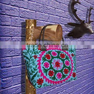 RTHHB-10 Hot Selling Canvas Flowers Embroidery Uzbek Suzani semi leather handled tote shopping bags embroidery Manufacturers