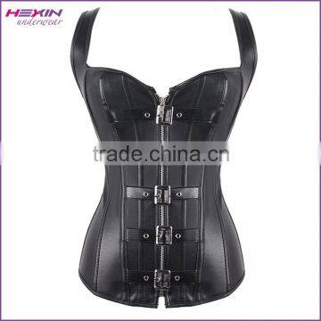 Women's Punk Faux Leather Steel Boned Buckle Overbust Corset Body Shaper