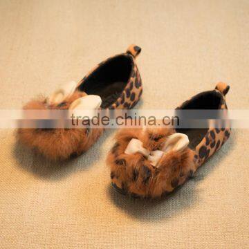 2015 Autumn Children Girl Flat Shoes Rabbit Hair Bow Princess Shoe Leopard Soft Bottom 4-6 Ages Kids Shoes photo-3