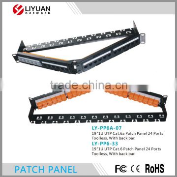 LY-PP6A-07 CAT6A UTP 24 PORT NETWORK Angle PATCH PANEL 110 WITH SURFACE WALL MOUNT BRACKET TOOLLESS, WITH BLACK BAR