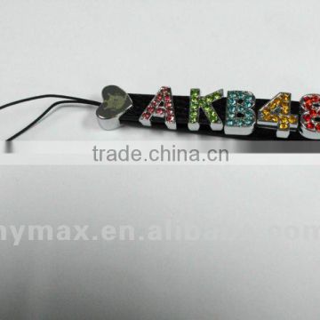 fancy crystal alpahabet leather mobile phone strap