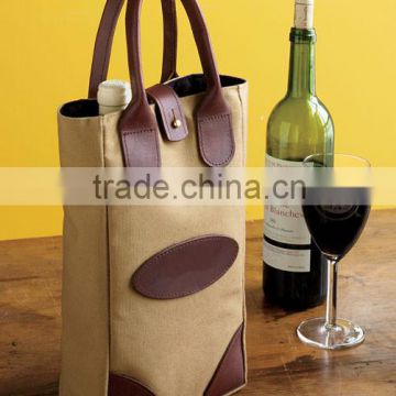 canvas wine bottle bag with leather trim carrier