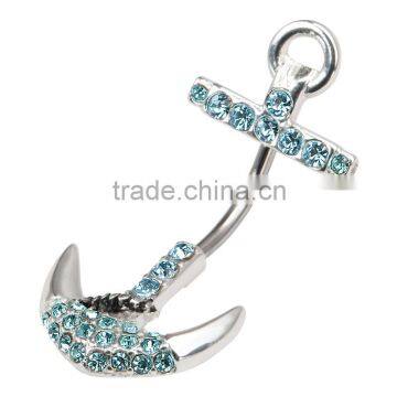 Exotic gold plated anchor&blue gems belly button bar dangle cz navel ring