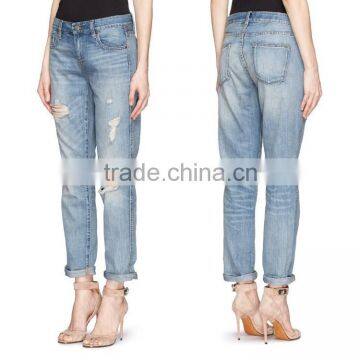 2014 Sexy Women High Waist Wholesale Price China Supplier Cheap Blue Distressed 100% Cotton Denim Jean Pants Factory