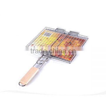 Nonstick Fish Grilling Basket Folding for Roast BBQ Barbecue with Wood handle