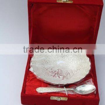 Silver Plated Brass Bowl With Spoon and Elephante Emboss in a Velvet Box