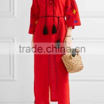 Boho Red Embroidered Cotton Long Balloon Sleeve Maxi Dress Hand Mexican Embroidered Dress Long Dress Chiffon New Style HSD5844 photo-2
