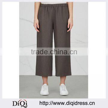 Wholesale Women Apparel Cropped Elasticated Waistband Brown Wid-leg Blend Trousers(DQE0366P)