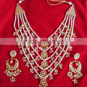 5 Line Bridal KUNDAN Designer Pearl GOLD PLATED Necklace DANGLER EARRING Set photo-2