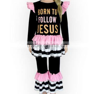 New Design 3pcs Children Clothing Set Ruffle Compression Long Sleeve Edible Fungus Shirt and Pant Gilr Short Layered Set photo-2