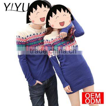 Latest design winter cotton color block long sleeve folk couple knit sweater