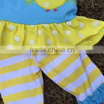 2015 New Baby Girl Blue & Yellow Easter Stripe Pant Set Outfits With Matching Necklace and Headband photo-4