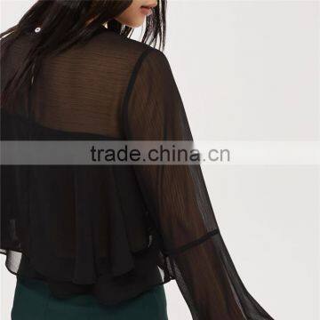 Gorgeous Cropped Flute Crinkle Sleeve Black Semi Sheer Blouse photo-4