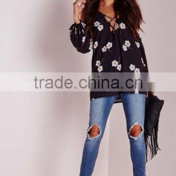 New Summer Collection Wholesale Floral Printing High Quality Chiffon Style Blouse photo-5