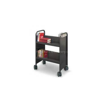 Library double-sided sloped-shelf book cart on wheels