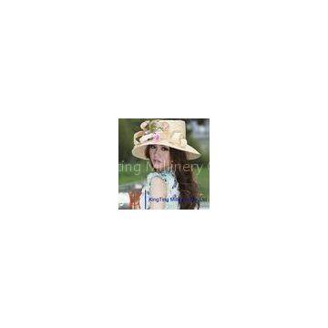 Yellow Stripe Womens Straw Hat With Pink Flowers Fascinator , customized