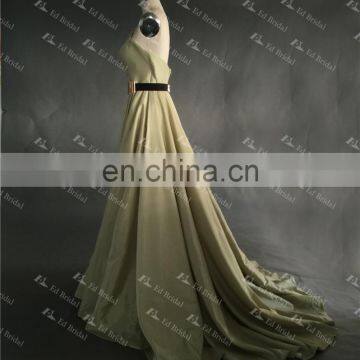 LN146 Real Sample 2016 Fashion Golden Belt Unique Neckline Olive Green Taffeta Wholesale Maxi Evening Dress photo-4