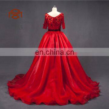 Supplier In China Shiney Short Sleeve Ball Gown Organza Handmade Flower Beaded Red Prom Dress photo-4