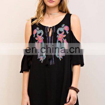 Summer Exclusive Design Embroidred Rayon Crepe Halter Sleeves Short Dress