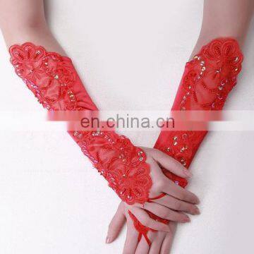 Purple& Red Pretty Appliqued& Sequined Fingerless Long Wedding Glove White Pearl Beaded Satin Fingerless Wedding Bridal Gloves photo-3