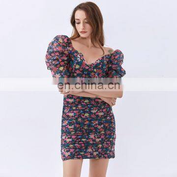 TWOTWINSTYLE Dress For Women V Neck Puff Sleeve High Waist Hit Color Elegant Printed photo-6