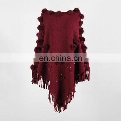 Women O-Neck Solid Fur Ball Tassel Cloak Loose Shawl Sweater photo-3