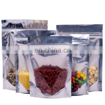 Silver reflective mixed material zipper stand bag Large transparent window zip lock pouch for food