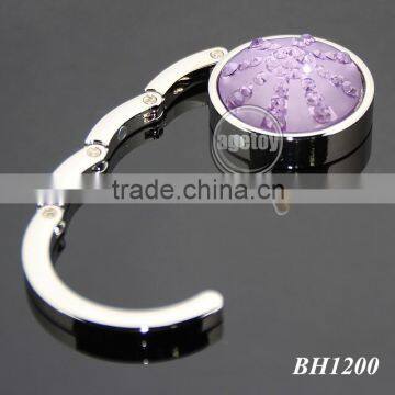 Purple Crystal Diamonds Round Shaped Zinc Alloy Silver Plated Metal Folding Wholesale Handbag Holder photo-3