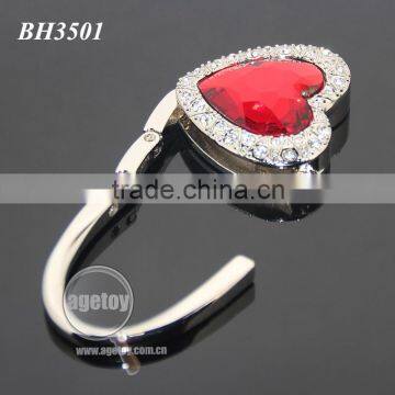 Red Crystal Heart Shaped Handbag Hooks White Rhinestones Portable Metal Folding Bag Holder Heart photo-6
