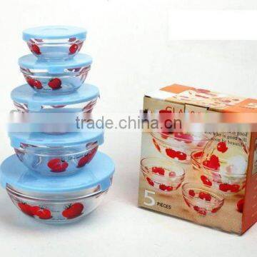 Glass bowl set,5pcs bowl set with fruit design,5pcs storage bowl