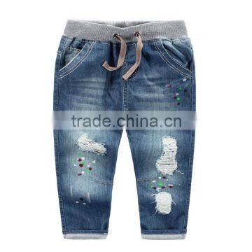 OEM boy casual fashion denim ripped elastic waistband kids embroidered jeans