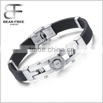 Mens 316L Stainless Steel Genuine Rubber Silicone Skull Head Fret Polish Finish Silver Black Bangle Bracelet