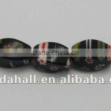 Millefiori Glass Beads Strands, Faceted, Black, Oval, 8x12mm, hole: 1mm; 33pcs/strand, 15"(LAMP-LK211-1-B)