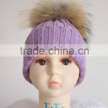 Austraila wholesale High quality Baby Handmade sweet Hats For Kids With Raccoon Fur Balls Knitted Baby Kids Hats