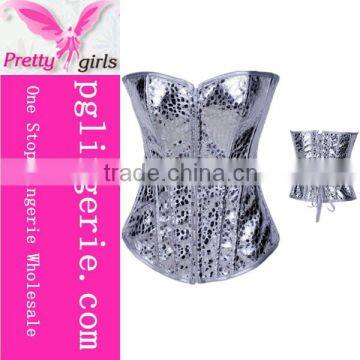 Silver leather plus size corset,woman sexy corsets zipper front waist trainer