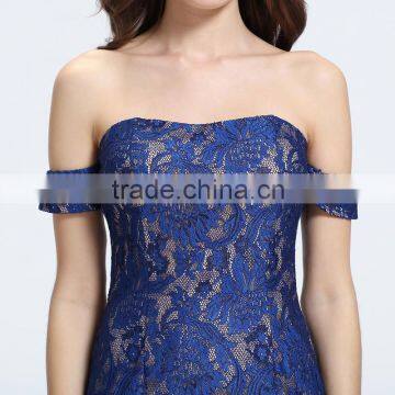12955 Blue Lace Free Should Full Lenght Ruffer A-line Sweeps Blackless Party Cocktail Prom Dresses photo-5