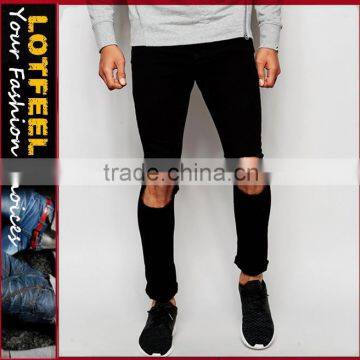 new model Super Skinny Fit black Distressed denim man jeans pant with Rip Knee brand logo(LOTA001)